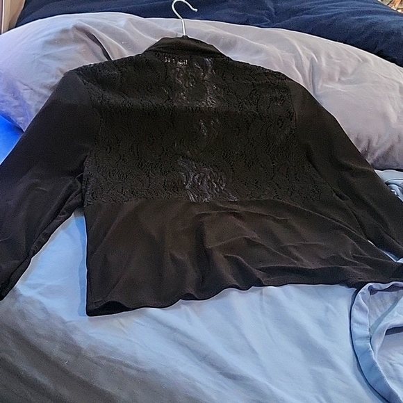 Black 3/4 of length overcoat lace back to where you can see through stretchy - Picture 2 of 5